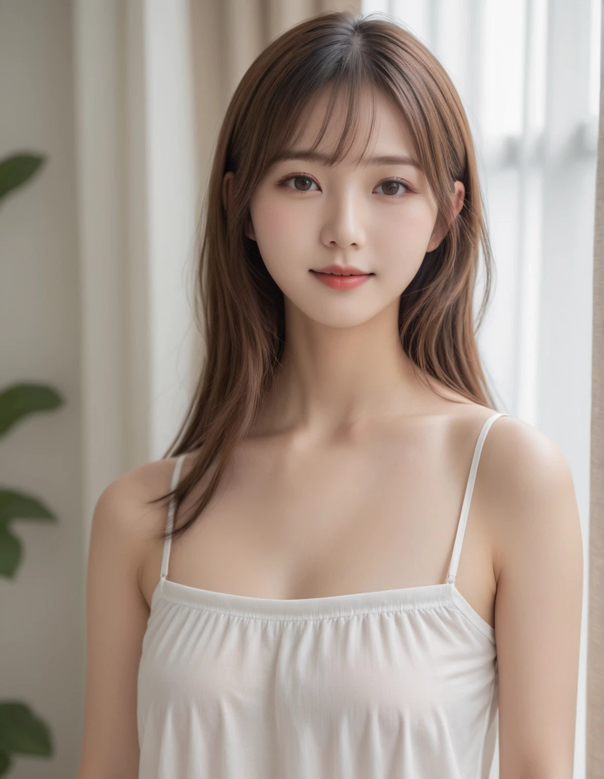 Highest quality, 1 beautiful woman, 28 years old, Oval face,Phoenix Eyes,Eyebrow, Double eyelids, Long eyelashes, A faint smile, ,s, 35mm lens, F/1, Cowboy shot, Specific Background、Tiled background、Perm、sweat ((Light grey straight dress:1.1)), (a charming smile:1.2), Perfect proportion,Sexy pose,look、stare、Houseplant、verdant、look到whole body、window,rha30