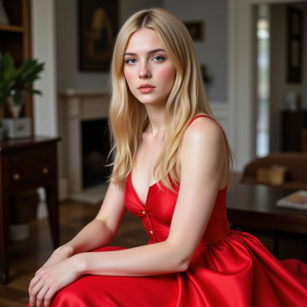 mulher, americana, 25 anos, pale skin and freckles, olhos cinzas, nariz delicado, soft and delicate lips, longo, cabelo blondie longo e ondulado na altura da cintura, sorriso meigo, face with delicate feminine facial features, altamente renderizado