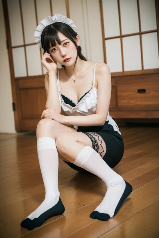 (Photoreal: 1.4), (Hyperrealistic: 1.4), (Realistic: 1.3), (Smooth Lighting: 1.05), (Improved Cinematic Lighting Quality: 0.9), 32K, 1 Female, 24-year-old waitress crouching on her knees, white background, Realistic lighting, Backlight, Face lights, ray tracking, (Bright light: 1.2), (Quality improvement: 1.4), (Top quality realistic textured skin: 1.4), Fine detailed eyes, Detailed face, Fine quality eyes, Dark brown eyes, (Wet and light-reflecting pink lips), (Tired and sleepy and satisfied: 0.0), White blouse, café skirt, apron, dark brown hair, pure white silk socks, black strap pumps, ( White silk socks with shiny sleek fabric: 1.5), dark brown hair, (full body: 1), café background, light indoor white wall background