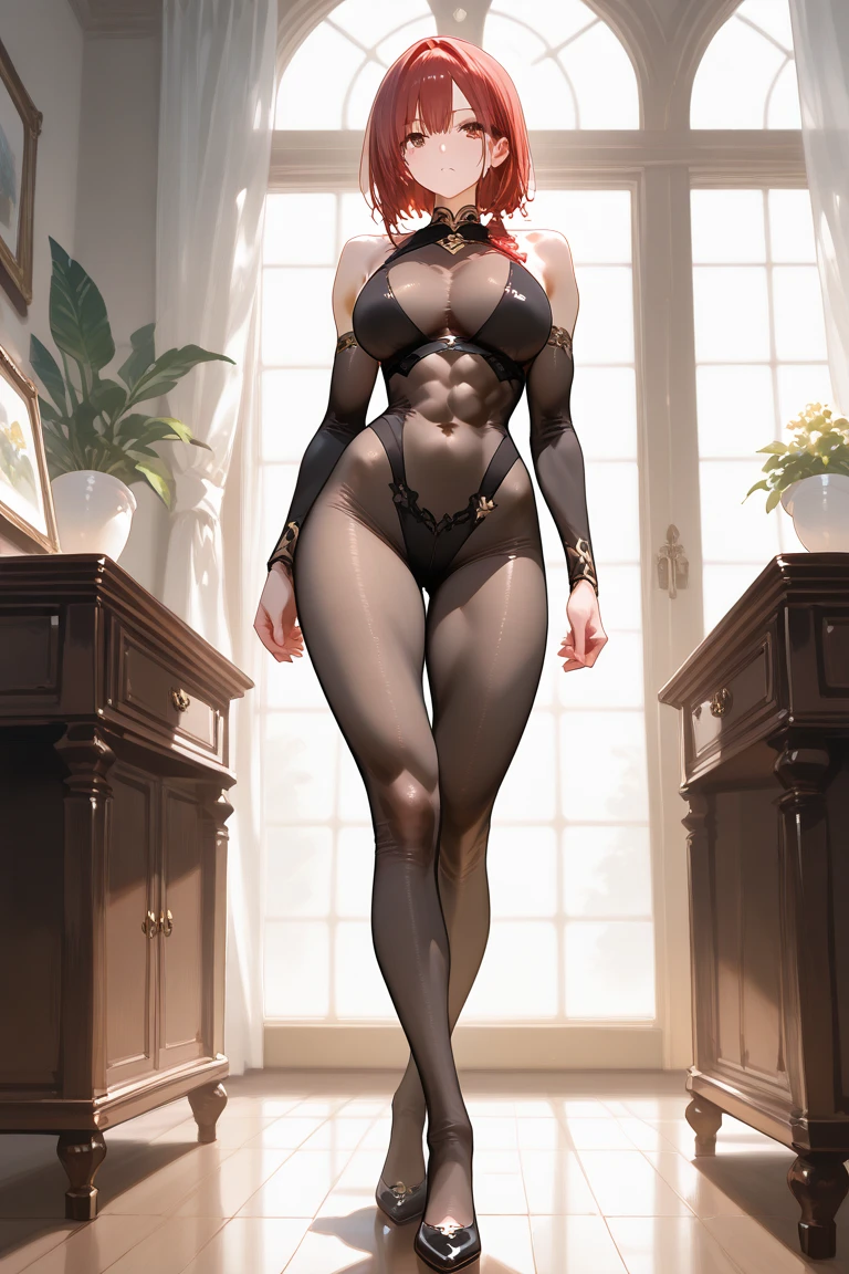(Furina), 1 girl, blue eyes, blue hair, quiff, ahoge, hair over one eye, light blue hair, short hair, nails painted light blue, has, short black and transparent panties, small transparent women's lingerie, (thighs muscular), muscular belly, big ass, thin waist, (large breasts), standing, bare feet, (((full body photo))),Top has, BREAK looking at the viewer, BREAK INTO THE house, BREAK ( artwork: 1.2), best quality, Very High Resolution, 8k unity wallpaper, (illustration: 0.8), (beautiful detailed eyes: 1.6), Extremely detailed face, perfect lighting, extremely detailed CG (perfect hands, anatomy perfect),