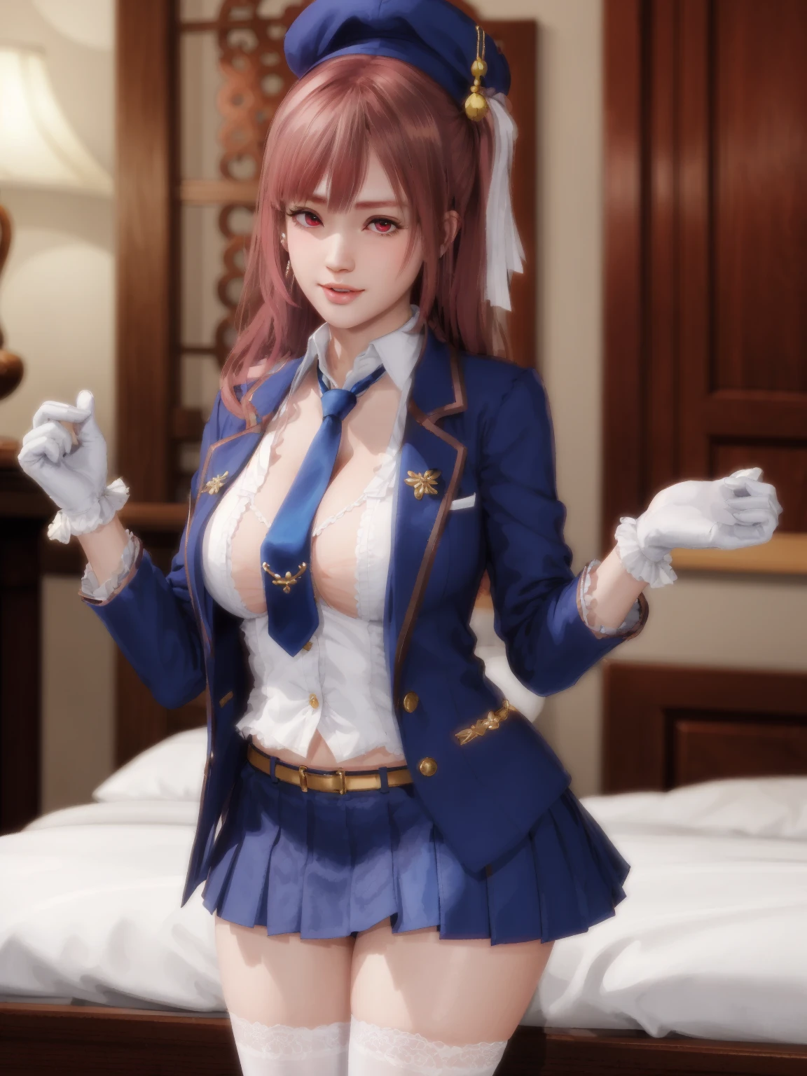 Honoka, Blue Blazer, tie, Pleated Skirt, one glove, White stockings, university student，Pink Hair，Huge breasts，Cleavage，Low-cut
