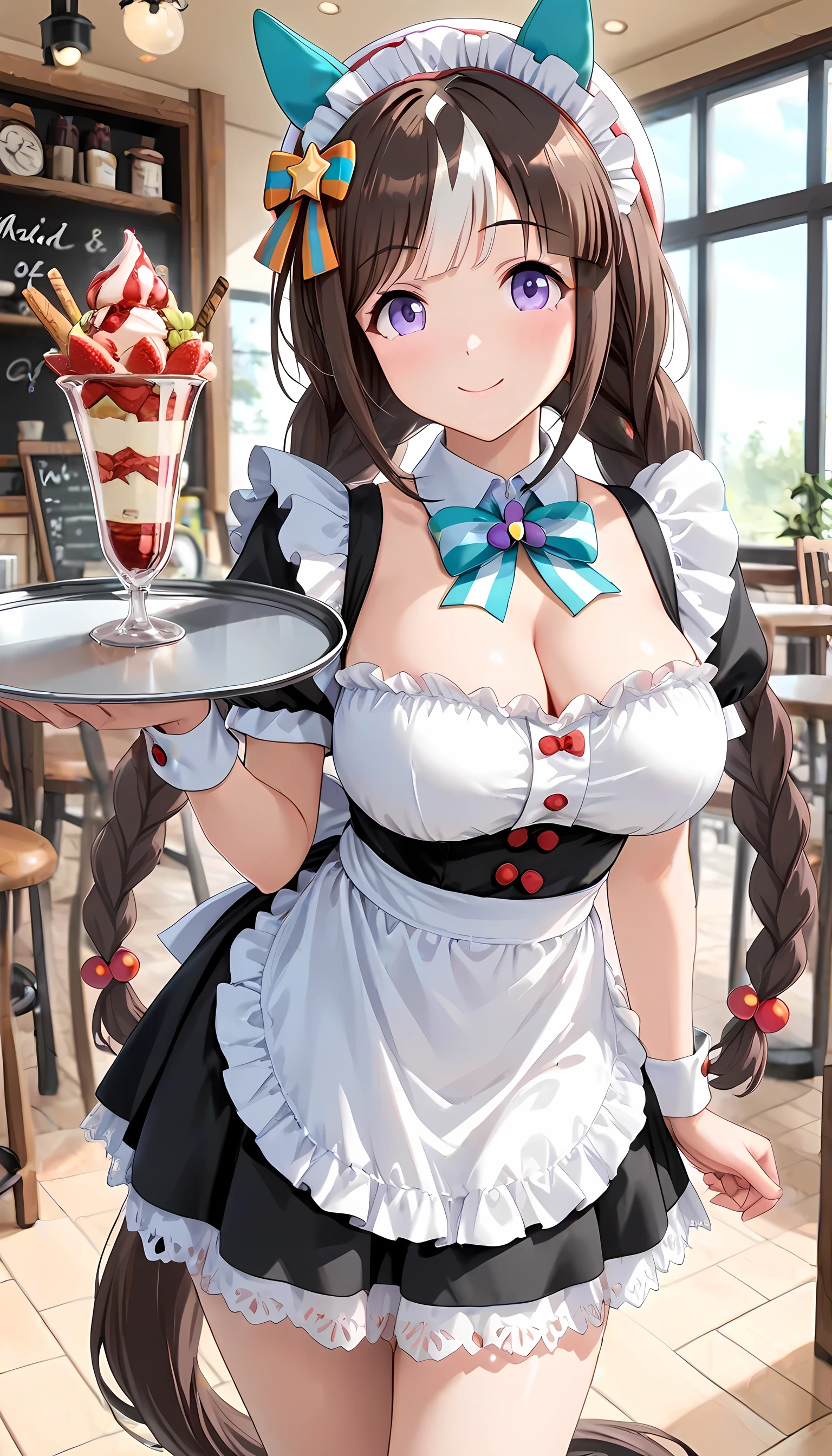 ((Highest Quality, masterpiece, high resolution)), hokko tarumae\(umamusume\), Maid, ((Maid服)), Maid喫茶, cafe, (Horse Tail), Smile, Smile Yan, is standing, cleavage, Tray with parfait on it