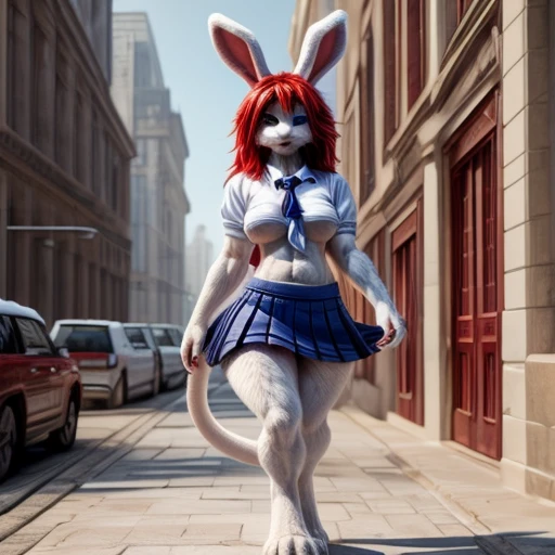 Skye, anthro, cockapoo, floppy cockapoo ears, beige tone, wavy ginger hair, magenta eyes, detailed and beautiful face, bunny hybrid, red bunny suit outfit, red bunny ears, red stockings, heels, animal hybrid, looking annoyed, crossed arms, tall, curvy, muscular, standing, solo, extremely detailed, full body, high quality, 4K, 8K, 16K, HDR, RAW