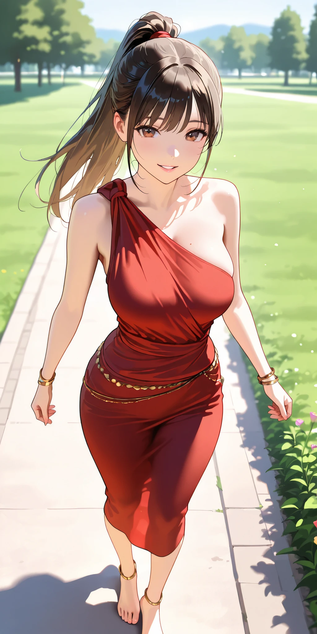 Masterpiece, newest, vibrant, very aesthetic, high contrast, beautiful girl, straight hair, high ponytail long hair, parted lips, smile, perfect body, big breast, saree, bracelet, anklet, bare foot, full body, walking, meadow, park, best quality, realistic face, realistic body, stunning visual cg, looking at viewer, cowboy shot, view from above