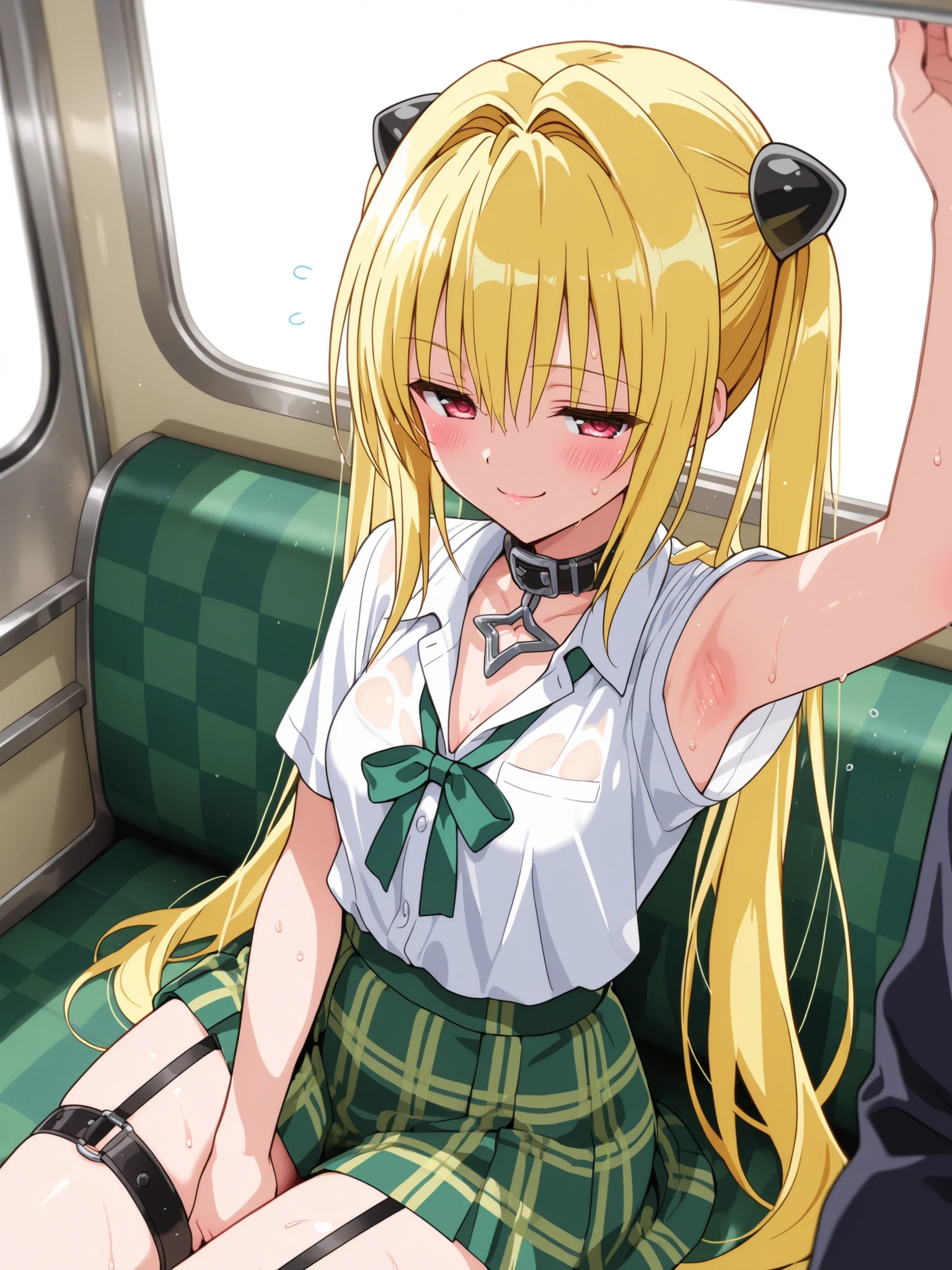 Close-up shots of sexy parts. Glamorous skin, Delicate, Wet skin feel, Busty elements, Sweat drops, Very delicate depiction of hair, Small breasts, Dynamic poses. Breasts, (masterpiece, top quality), very beautiful, Absurd, highly detailed CG unity 8K wallpaper, Spanish illustration, (glamorous look), anime style 4k,, anime moe art style, anime art wallpaper 4K, high quality anime art style,CUTE ANIME GIRL, depth of field, perfect hands, nice, familiar with digital animation art, anime art wallpaper 8k,,, 5_ others, 4_ others, 1_ parents also viewed, Face in love, blush, half closed eyes,
ToLOVEる ダークネス / 金色の闇 (Konjiki no Yami)
Prompt:
Yami lounges on a cushioned seat in an abandoned train car under moonlight streaming through cracked windows, her curvaceous body bathed in silvery glow. Her school uniform is torn, the white blouse open to reveal her generous cleavage, with her massive breasts heaving in a close-up shot that emphasizes their glossy fullness. Her yellow hair, styled in thin twin tails with black hair clips, is adorned with her long back hair spilling over the seat like a golden veil. The green ribbon dangles provocatively from her collar, while her green checkered skirt rides up to expose her thick thighs, the black leg garter belt on her left leg adding a tantalizing contrast. She leans back, one arm raised to reveal her smooth, glistening armpits, captured in a close-up shot that highlights their erotic allure. Her red eyes burn with a mix of cold calculation and hidden arousal, her lips curled into a teasing smirk. The low-angle perspective from the train floor accentuates her slender yet voluptuous silhouette, with rusted seats and moonlit shadows creating a haunting, sensual ambiance.