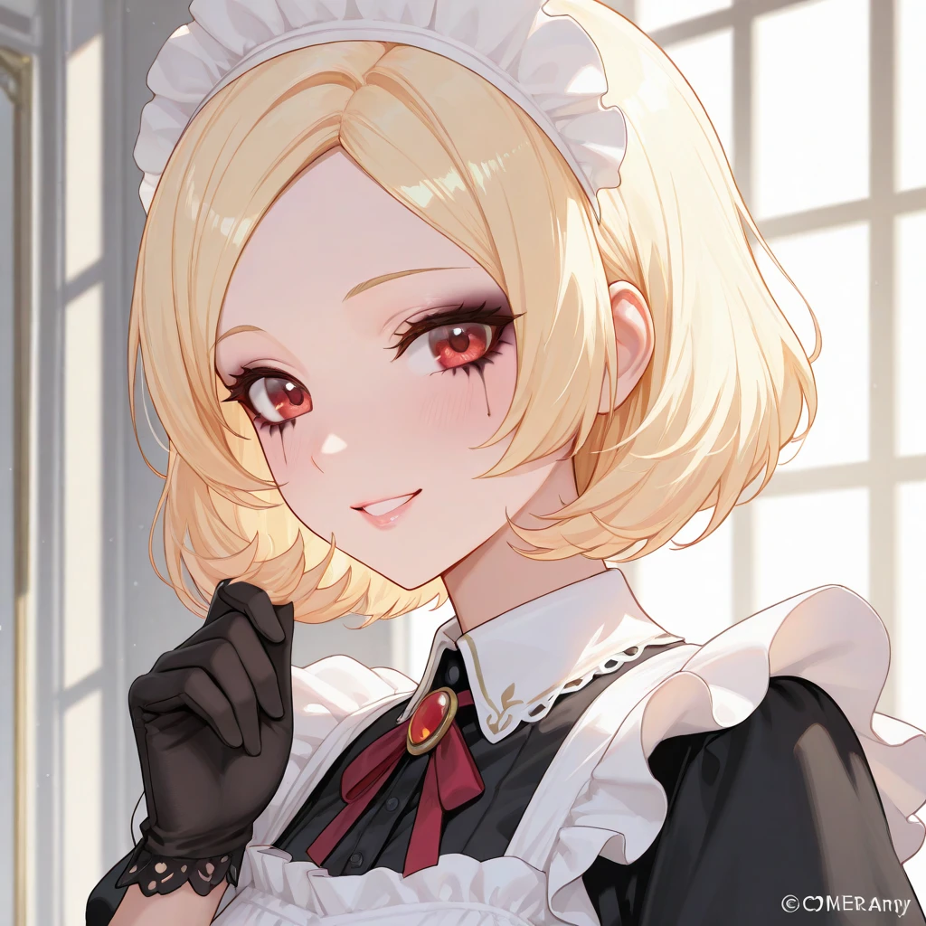 {masterpiece Very detailed 超High resolution High resolution 最high quality Very detailedな detailed woman high quality 8k}sexy looking at viewer Looking up at me Blowjob Subjective Blonde Hair ((Short Hair)) ((ponytail Hair tied up high)) Center part with bangs swept up forehead ((slicked back hair)) Forehead Big eyes ((Pink eyes)) ((Maid clothes))