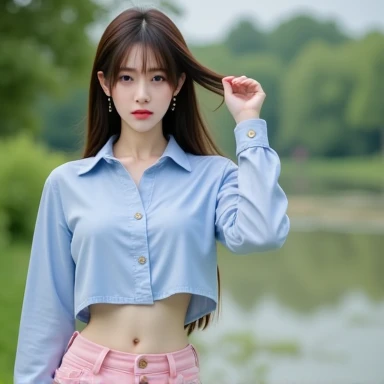 a close up of a woman in a short skirt and a shirt, cropped shirt with jacket, Open shirt, wearing shirt, Korean girl, wearing a cute top, wearing a light blue shirt, wearing casual cloths, Casual clothing, hot with shining sun, wearing casual cloths, Anime girl in real life, trending at cgstation, wearing a light shirt, Casual clothes