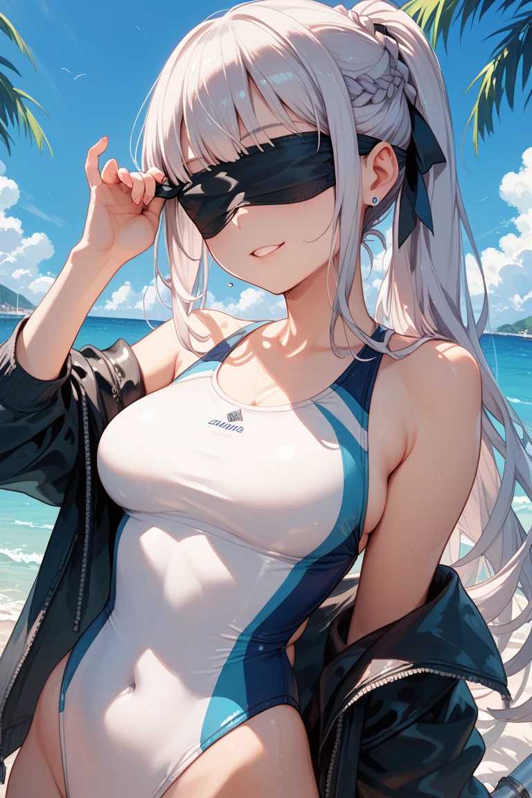 swim wears、hposing Gravure Idol、Platinum Hair、(masterpiece、top-quality:1.2)、Look at viewers、校服、(hair wavy:0.8)、length hair、blue eyess