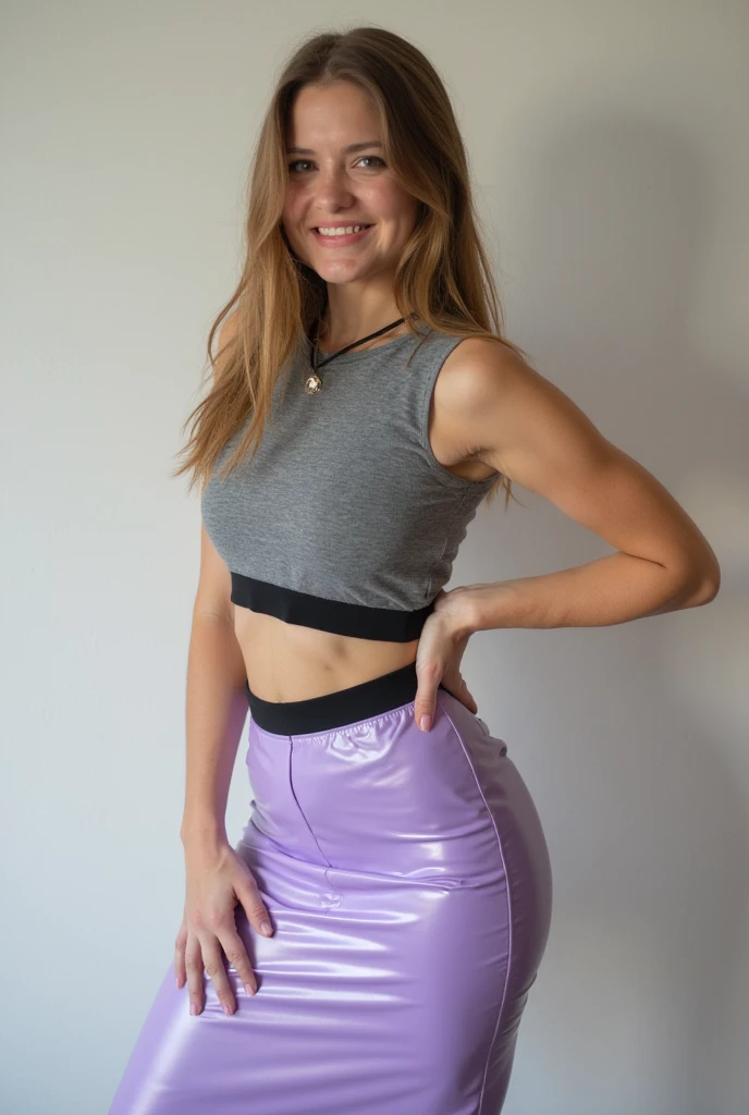 red hair, purple skin, dress, tall, slim waist, hold her breasts with his hands, sporty hip shirt dance