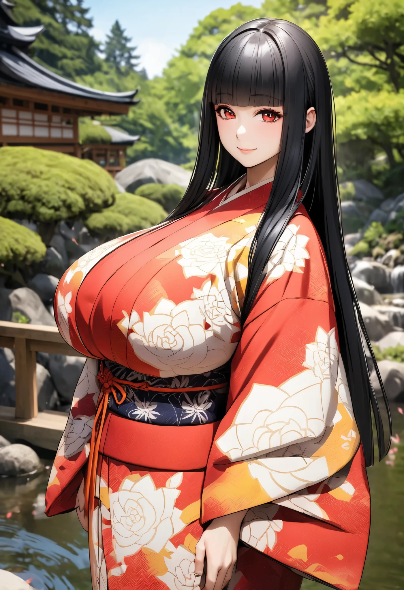 (8k, RAW photo, highest quality, masterpiece: 1.2),(long black hair,dull bangs),24 year old Japanese woman,beautiful face,(half closed eyes),(grin and laugh:1.0),((kimono:1.6)),((huge breasts:1.9)),(thin waist:1.5),cowboy shot,Japanese style room,Are standing,during the day,attractive pose
