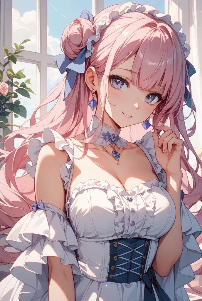 (Moe anime art style:1.2), (masterpiece), (((Highest quality))), (((Ultra-high resolution))), (8K), (Very detailed), (((solo girl))), (18 years old), ((full body)), (((Detailed and beautiful face, Beautiful Lips, Beautiful Eyes))), (((Pink Hair, Fluffy ponytail, Curly Hair, Expressive hair, very voluminous long hair))), ((Deep red taffeta material, Satin Material, Transparent silk material)), ((Dense lace, Long train, Lots of frills)), (((Full-length crinoline hoop skirt, Beautiful and luxurious Rococo Victorian ball gown dress))), ((Big Breasts)), Emphasized cleavage, Sparkling Background