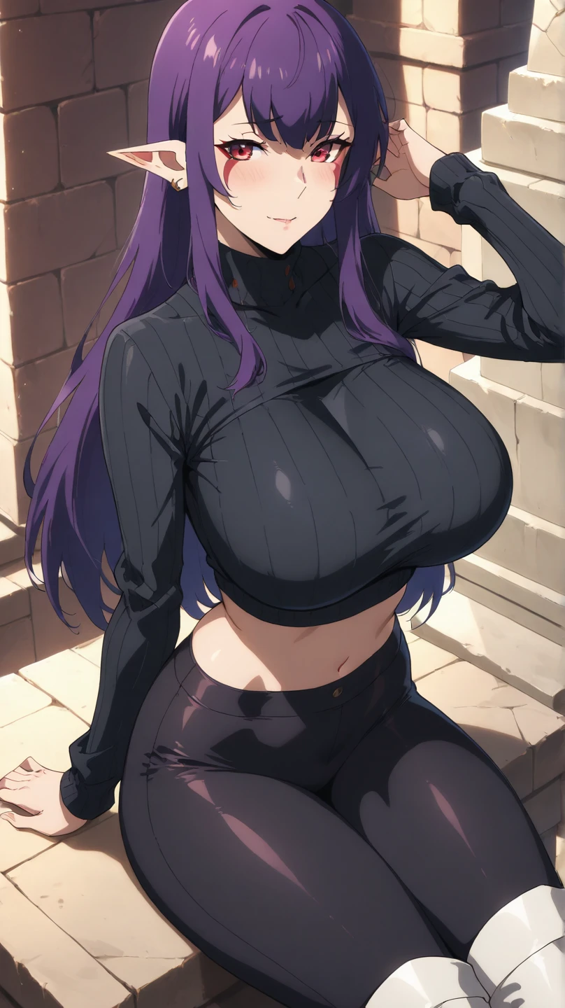 (Girl),(anime),(young),(woman with mature and hot body),(super plump breasts and big ass),+,'{Skin color with super black ton}',+,(African),(brown eyes),(height 1.76 ),(Long purple hair),(and pretty face),(hot body),(In a position with your butt facing forward and leaning against a wall),(wearing),+,(A maid outfit with a short and sexual pencil skirt and a classic black and white shoulder-baring outfit highlight her slender body and her breasts and a super short and sexual skirt and a cleavage Sexual)