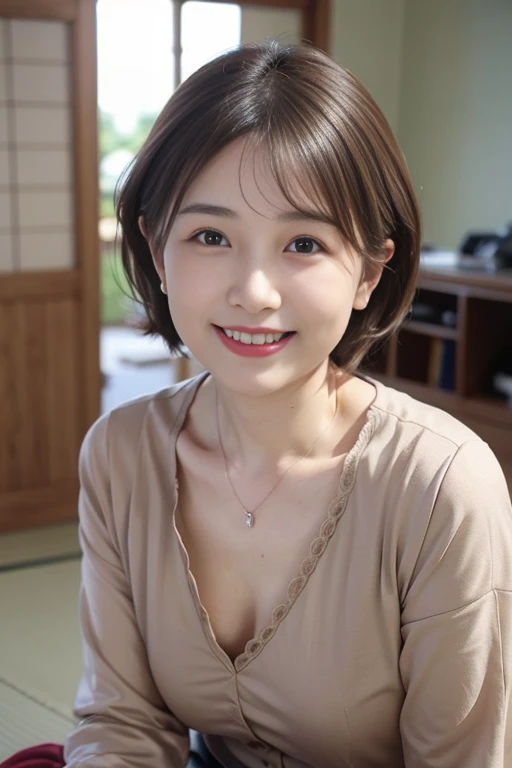 ​masterpiece, 1 beautiful girl, A detailed eye, Puffy eyes, top-quality, ultra high resolution, (Realisticity: 1.4), cinematlic lighting, japanes Beauty, Super beauty, Beautiful skin, A slender, body facing forward, (A hyper-realistic), (hight resolution), (8k), (ighly detailed), (beautifully detailed eyes), (Ultra-detail), (wall-), (Natural smile), A detailed face, Bright lighting, profetional lighting, looking at viewert, Facing straight ahead, (The costume is a knit dress), Short hair, hair messy, asymmetrical bangs, nighttime scene, Brown hair, Japan idle, Korean Idol, hposing Gravure Idol, age19, tall,