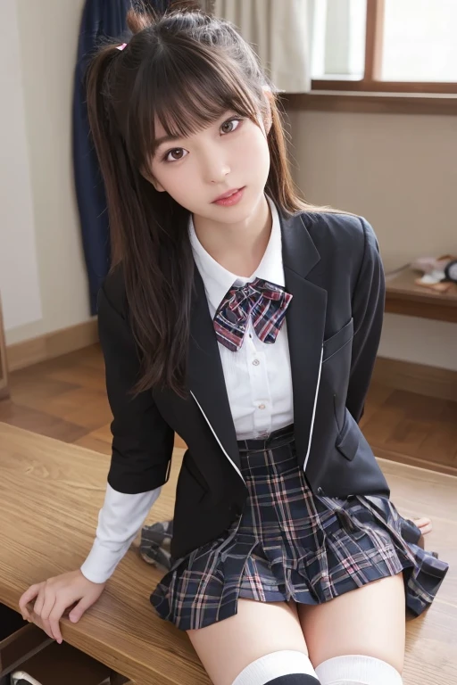 High resolution、High level image quality、8K、real live action、Raw photography、highest quality、masterpiece、table top、erotic、student、pink good,white skin,knees,(黒pantyhose),Detailed panty pattern、panties focus、pink panties、small panties、absurd,small face、huge breasts、前hairを真ん中から分けます、I can see the forehead,(cold look<きついeye,glare,strong,thin anger)、masterpiece,highest quality、超A high resolution,Raw photo,Len,beautiful feces,one person, solo,dark look,small breasts,whole body、very nice、jk ,high school girl,japanese woman,standing,（Photoreal：1.37）、photon mapping,light blue ribbon,realistic、かわいいsmall face,茶色のeye、black socks、22 years old、(red bow tie)、radio city、物理ベースのLenダリング、prospect、Depth of the bounds written、blurred background、picture,girls、body,beautiful feet, long legs, thin legs,long bob cut,(前hairが見える), hair, lips, green_eye, nose soft,(pink shirt), (navy pleated skirt), navy blue uniform jacket、white sweater vest、kneesが見える,thin clothing,, thigh, black cotton socks,Nogizaka Idol, , japanese id、キラキラしたeye、glossy lips、showing legs、low angle shot from below、pantyhose