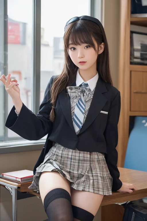 (((Kamimei、Low Twintails、Embarrassing、red blush、Embarrassing、Teaching Mouth))),(((((Navy School Blazer、Grey checked skirt))))),(small 、Estrus、I、cute bra、cute panties、cute 、cute Camel Toe、Panties are wet、スカートの裂けeye、I showing my panties、Turtleneck sweater、Sleeveless、High heels),((On a university campus))、Tabletop, One Girl, Highest quality, Super detailed, (Shiny), (small)、(((with blush cheeks,))),Ray Tracing,Perfect lighting, (Milky skin:1.2),reflection, look up_in_Audience, blush, ribbon, yellow_eye, White choker, Two cute beautiful girls from Japan、small ribbons in the hair、Contrast legs