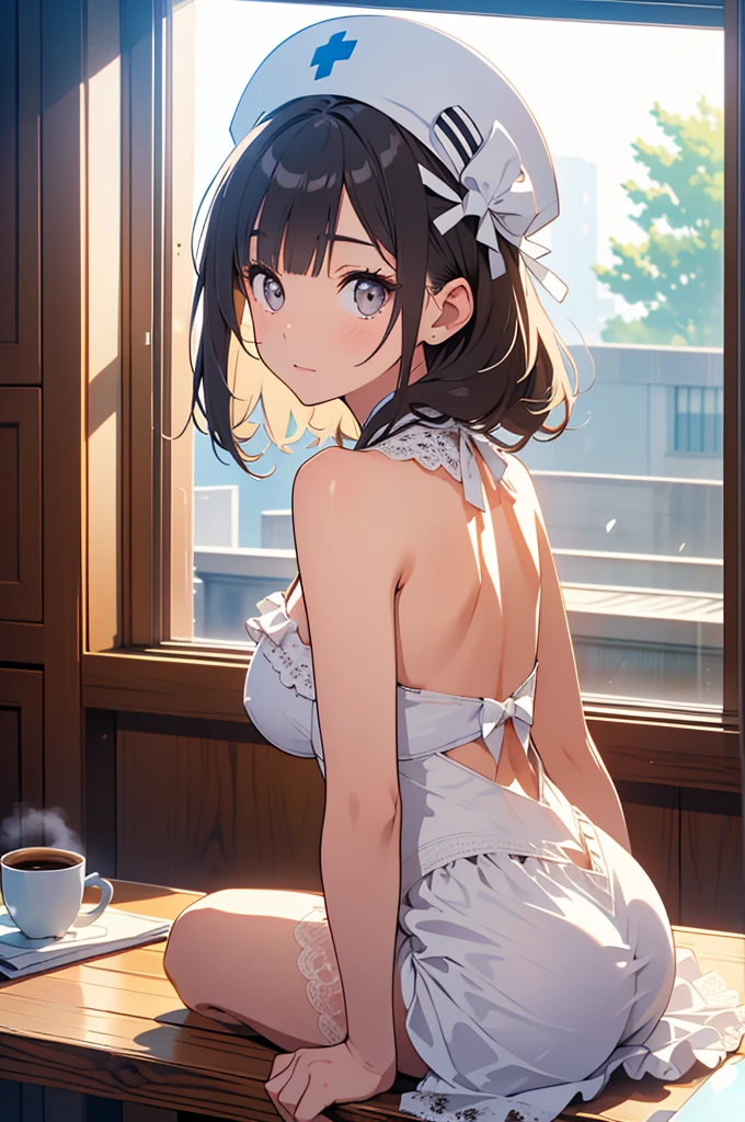 (A masterpiece of image quality in 8K),(Beautiful Allafed Woman),(((emphasizing breasts:1.0))),(Dynamic angles),(Dynamic and sexy bending pose:1.3),(sit a chair:1.3),(Short hair in shiny silver and orange inner colors,large full breasts,Disturbance of clothing due to movement,breast slip,(Ponytail twisted buns adorned with elaborate braids and beads,Braided Setup Fishbone Hair,),(see-through bangs),Huge breasts、(((A white lace apron that shows your bare skin from under your small breasts)))、Blush with embarrassment、Enraptured eyes、A smile that beguiles the viewer、(Look back:1.7)、Look into the photographer,skin glistening with sweat,gazing at viewer,,(Professional Lighting),(8K,masutepiece,top-quality,Ultra-high resolution output image,),(Ultra HD with complex detail image modes),depth of fields,Beautiful hands,Beautiful fingers,Detailed finger features,(Detailed hair features:1.7),detailed facial features,detailed clothes features, (perky chest:1.1), (pointed chest:1.3), looking at viewer,

