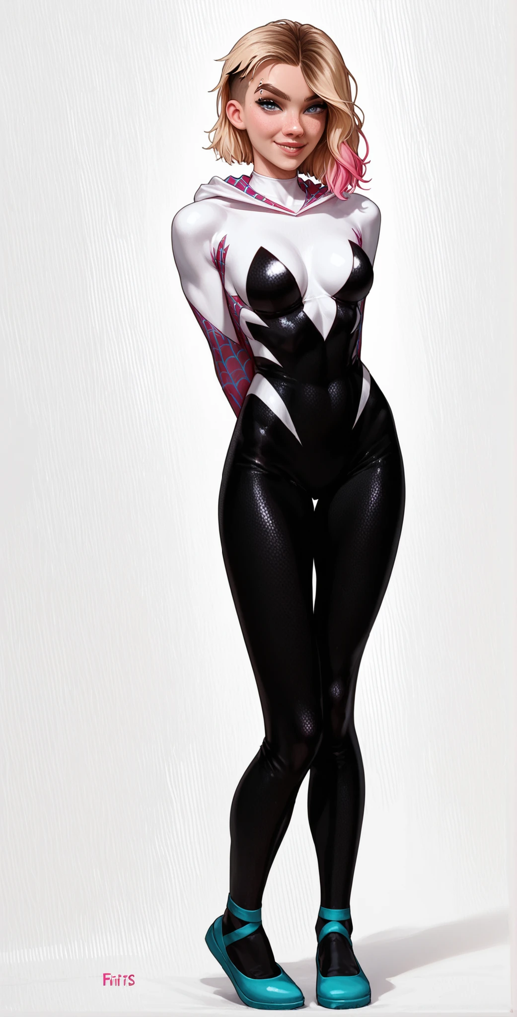 Gwen Stacy, medium blonde hair with pink highlights, arms at sides, fists clenched, facing forward, seductive smile, looking at viewer, full body shot, Spider-Gwen costume, plain white background