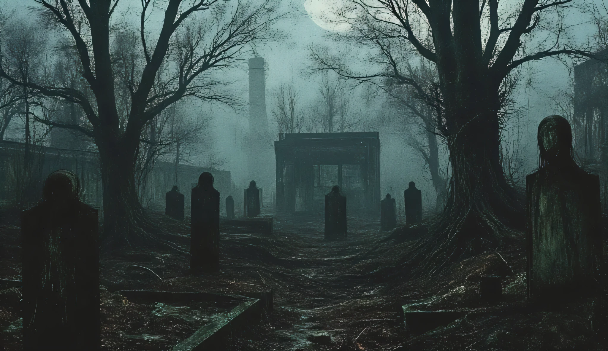 Abandoned graveyard, Gothic cemetery, dilapidated, nighttime, darkness, eerie shadows, twisted trees, foggy, surreal horror, haunting art, high detail, masterpiece.