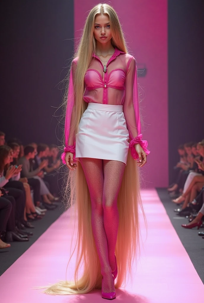 One transforming into one with a white tank top and black pants and a pink tutu. long hair and white skin. big boobs and breasts and a big ass visible through the tight pants