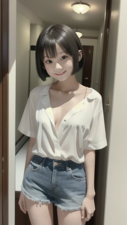 In the best quality、Teenage girl standing in a room。baby face, (Fresh skin:1.4)、((Wet Skin))、 Black Bob Hair、Cute Smile.。(((((Small Breasts 1.8))))),(long nipples),White tank top((The inside is transparent..7))、Cleavage in the chest:1.1, Denim mini skirt