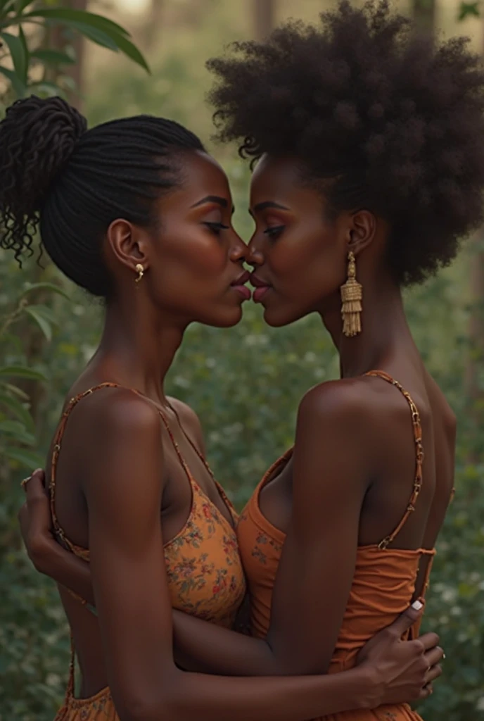 Two Brazilian women with curly hair, We are having sex in a lush tropical garden.