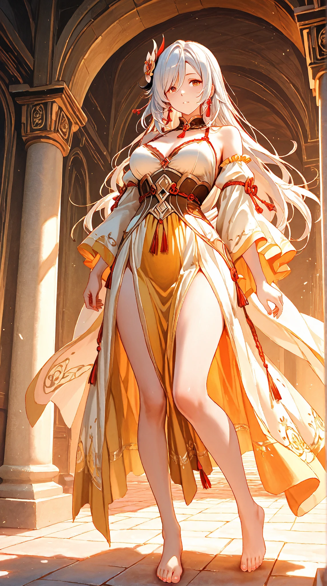 1Woman milf greek goddess "Giant breasts" + "large rear" + "tall"+ "wide hips" + " tiny waist" + "plump thighs" + "golden eyes"+ " Long white Hair" +"Red Lips" + "Lucious Lips"”) outfit: (Long, loose white tunic, made of light, flowing silk fabrics. The tunic was adjusted at the waist with a belt or sash, golden accessories, golden laurel wreath)