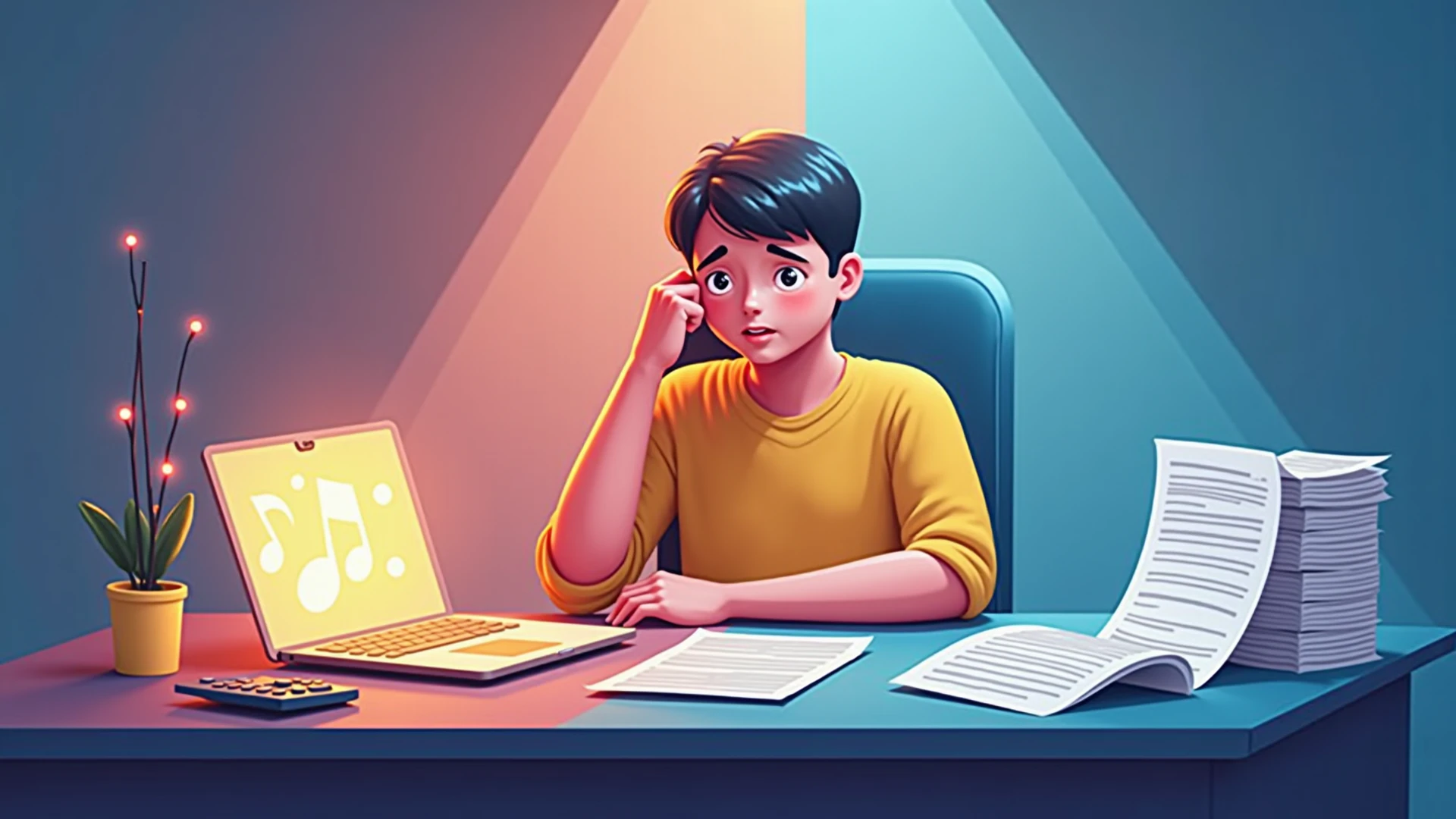 generate an image of muslim boy which was seated on a chair and work on laptop with earphone and her mobile placed on her table and he wear a black tshirt and lower