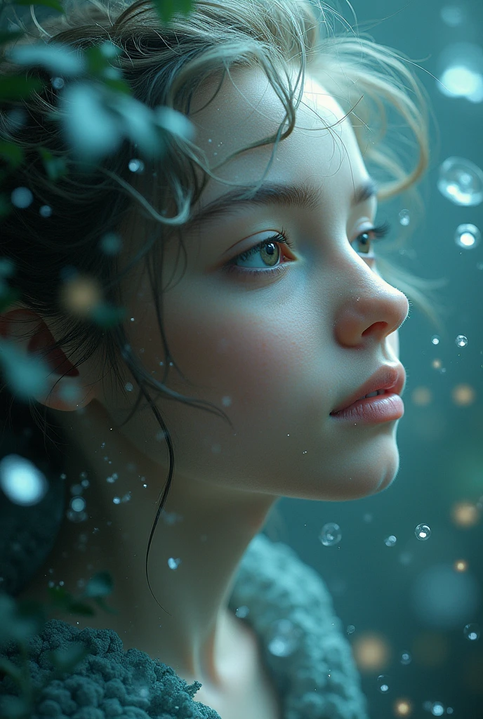 Giant blister 8K Ultra HD,author：Alessio Albi, Depth of field for water drop particles,Detailed rest periods for young girls，Her face is centered in the frame, The beauty on her face was obscured by a large pile of water droplets of various sizes around her。, As if she was going to drown in it, Between contrasts, Youth,chaos,Blisters around, Thought-provoking composition,(Detailed environment,intricate environment_Occlusion, Detailed)Giant water droplets