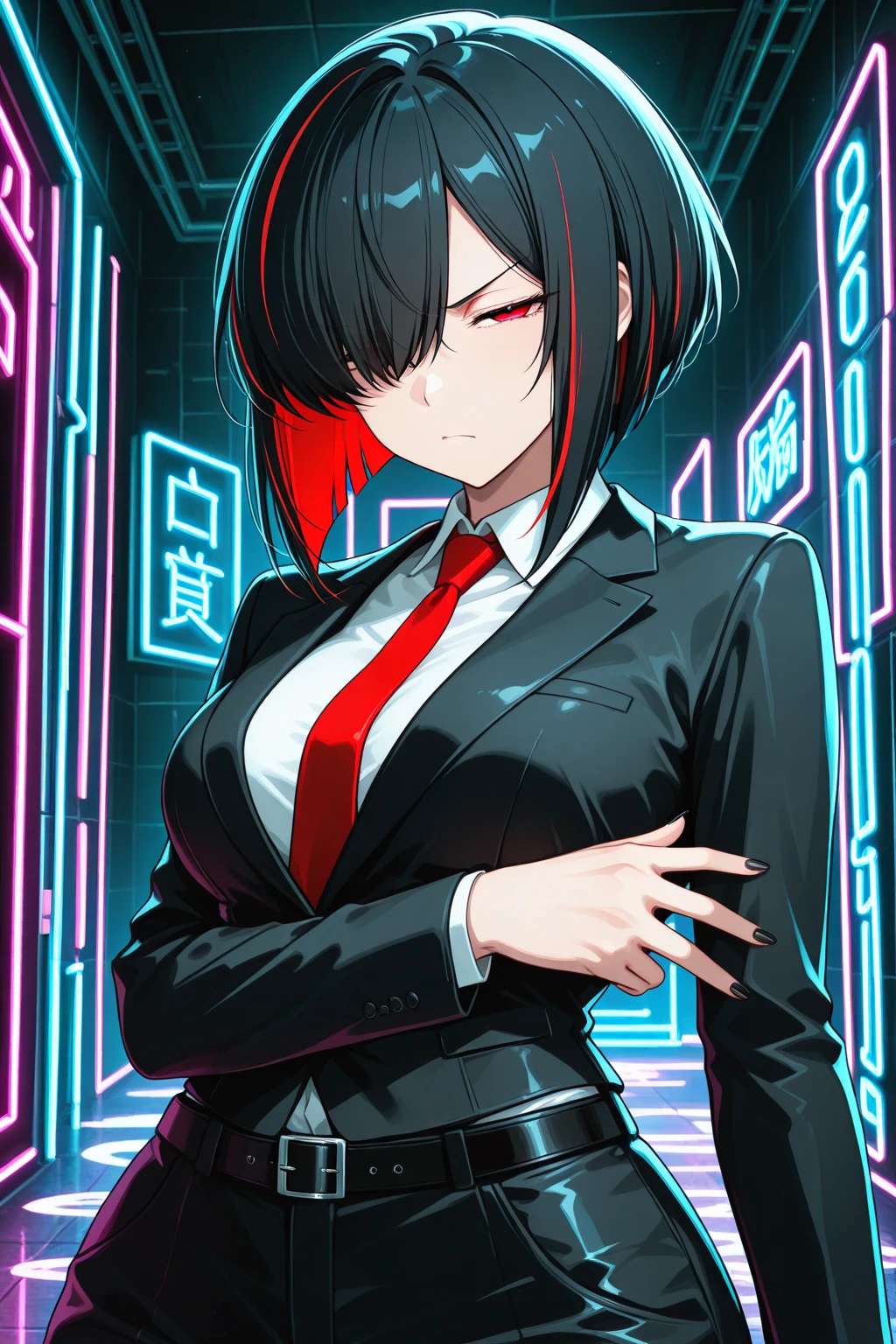 highres, sharp focus, pixiv masterpiece, ((intricate details)), highly detailed, upper body, red eyes, black hair, bags under eyes, suit,evil smile,<lora:binarycode:0.3> (binary code:1.5), digital art,only zero and one,