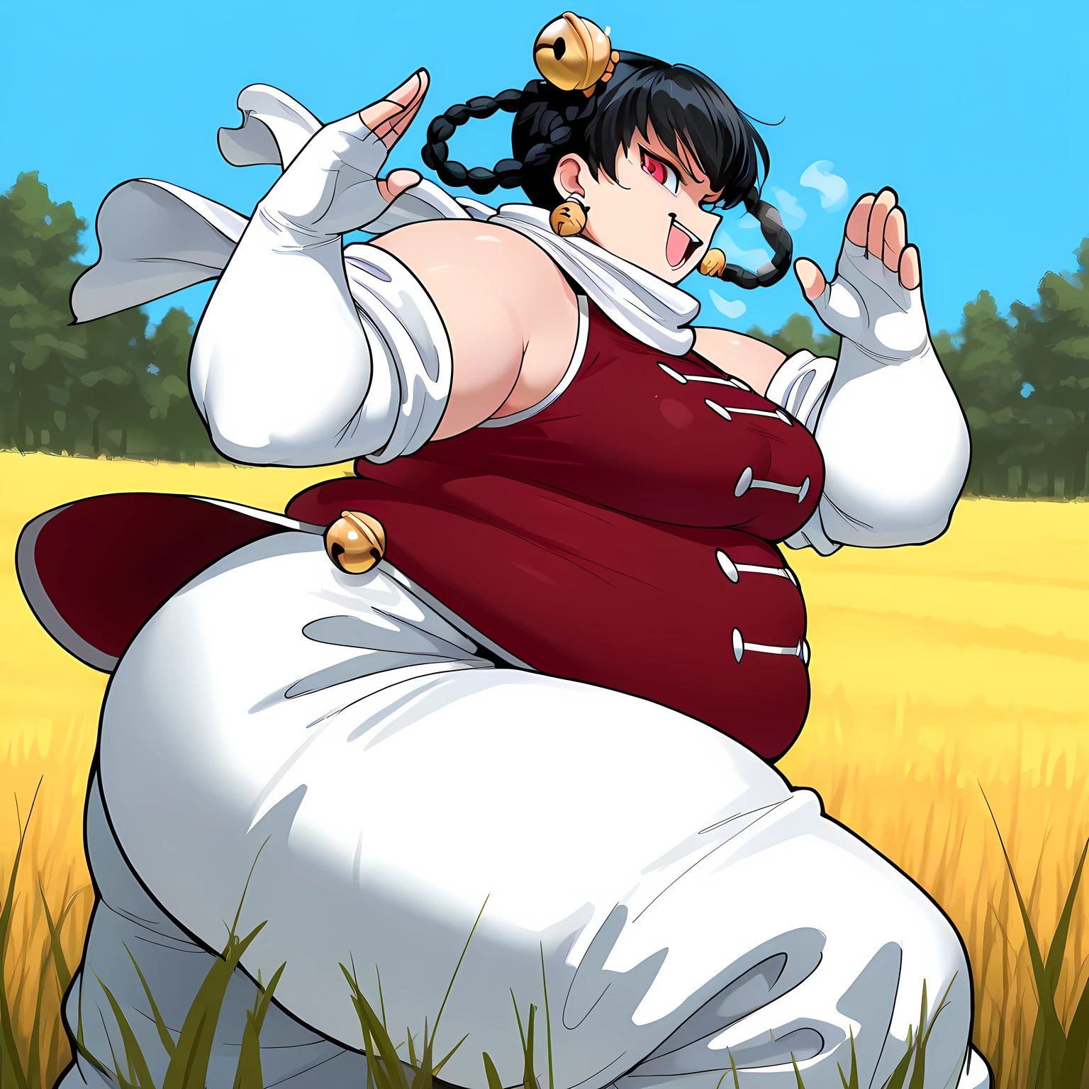 masterpiece, best quality, 1girl, solo, opmll, black hair, short hair, hair rings, twin braids, red eyes, hair bell, earrings, white scarf, red shirt, sleeveless shirt, detached sleeves, elbow gloves, fingerless gloves, white pants, baggy pants, (large breasts:0.7), fighting stance, hands up, smirk, open mouth, looking at viewer, field, trees, blue sky fat, chubby, obese, gigantic arms and legs, large breasts open mouth, out of breath, from side, side view