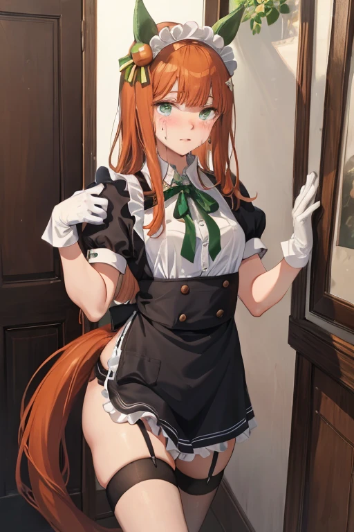 score_9, score_8_up, score_7_up, source_anime, 1girl, orange hair, orange eyes, low ponytail, cat ears, small breasts, eyeglasses, micro bikini maid, headdress, blouse, skirt, apron, areola, anxious, light smile, bent over, back, private room, mansion,