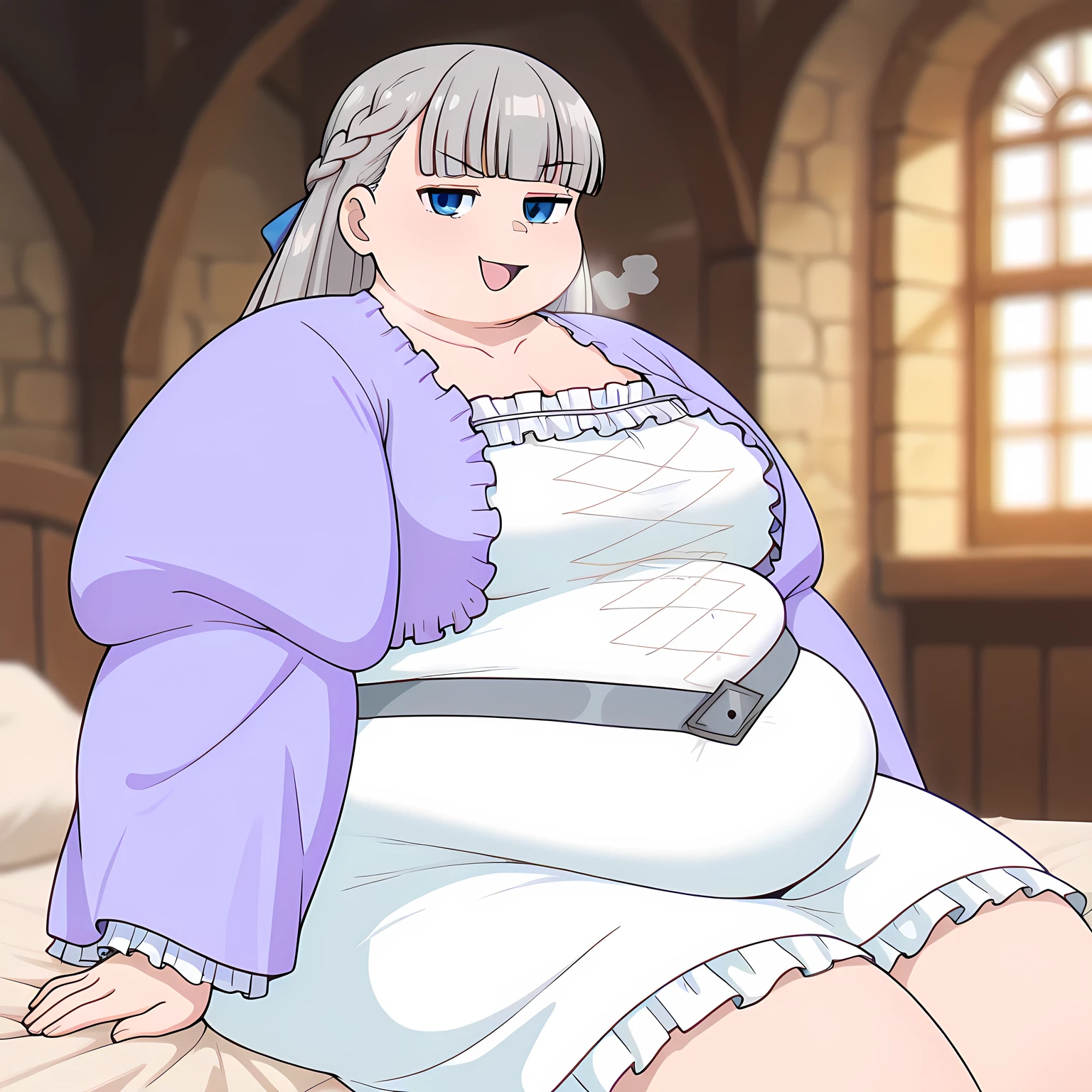 (Full body:1.5), (Obese:1.3), (Big breasts:1.1), Sfw, Lisa, casual outfit, , sitting up in bed,smug, smirking, cocky, open mouth, talking, blushing, hands on breasts, holding breasts, looking at viewer