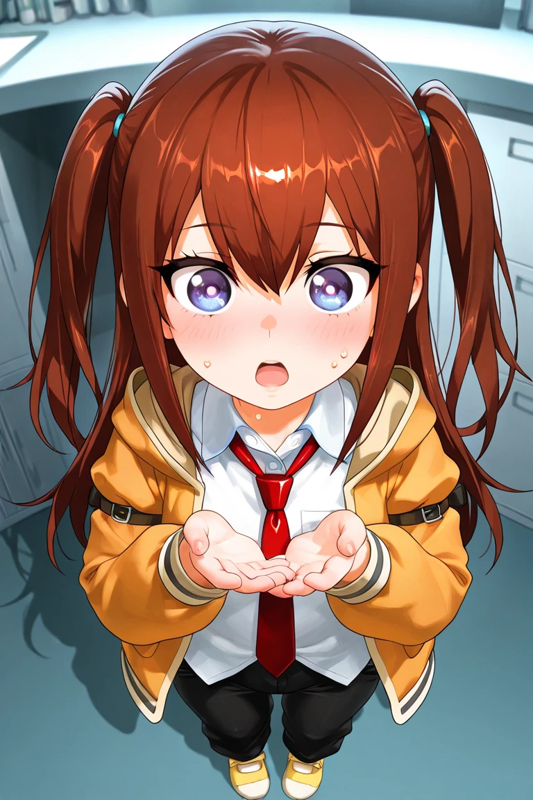 masterpiece, best quality, <lora:LAMXL_V1:1> 1girl, virtual youtuber, inugami korone, animal ears, solo, bone hair ornament, brown hair, hair ornament, twin braids, dress, braid, claw pose, dog ears, white dress, simple background, yellow jacket, looking at viewer, jacket, nail polish, collar, long hair, open mouth, red collar, hair between eyes, bangs, orange background, wristband, dog girl, low twin braids, smile, fangs, brown eyes, animal collar, jewelry, bracelet, open jacket, feet out of frame, buttons, hairclip, open clothes, short dress, collarbone, long sleeves