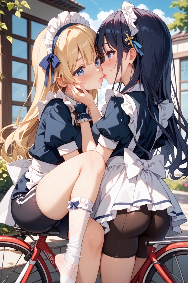 Fate Style anime pretty girls, two full characters, 2 girls kissing passionately, intimate touch, with curvaceous figures, view of their enticing behinds, {Long straight blonde hair，golden yellow eyes，slender body lady，small breast，Wear old brown leather tailcoat，long glove on left hand，dark yellow long pants，Indifferent expression，cute and beautiful}, {gothic maid, glamourous girl, short black hair, happy Smile with blue eyes, blue maid costume with black Pantyhose, Short blue footwear}