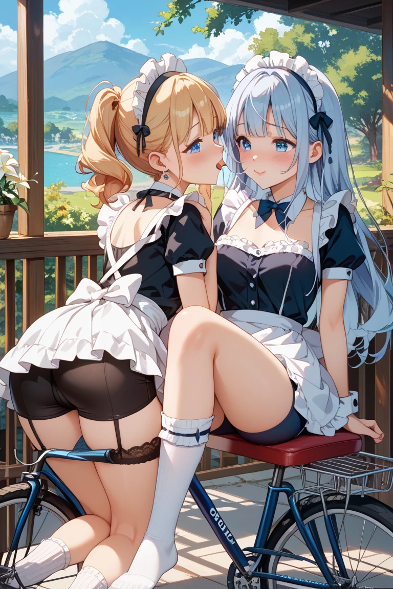 ((Highest quality、High resolution))、1 Girl、Perfect body、Beautiful and bountiful breasts、tits、Ass、Pussy、long blond、bangs、Blue and white、Embellished blue sexy dress、skirt、(((ass pov、Show lace panties)))、Outdoor Scenery、((Embarrassed、Love juice))