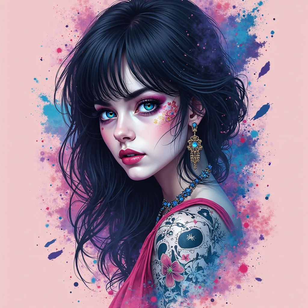 Dreamscape score_9, score_8_up, score_7_up, score_6_up, score_5_up, score_4_up, hud_shera_bk_styl, <lora:hud_shera_bk_styl_XLP:1>,1girl, Lady, goth, tattoos, black hair, long hairstyle, detailed face, heavy makeup, thick eyeliner, line art
. Surreal, ethereal, dreamy, mysterious, fantasy, highly detailed