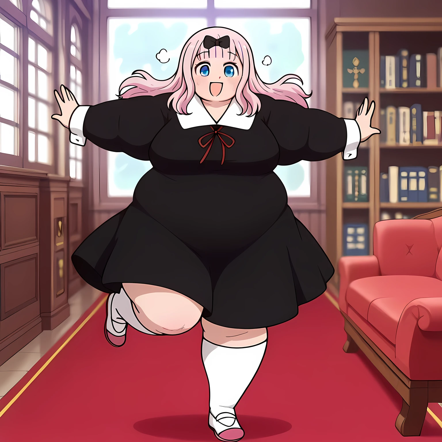 anime screencap, masterpiece, best quality,
1girl, solo, smile, open mouth, floating hair,
blunt bangs, long hair, pink hair, blue eyes, hair bow, black bow,
white collar, neck ribbon, red ribbon, medium dress, black dress, long sleeves,
kneehighs, white socks, uwabaki,
spread arms, airplane arms, open hands, leg up, full body, looking at viewer,
indoors, desk, bookshelf, window, red carpet, couch, photo background, blurry background fat, chubby, obese, gigantic arms and legs, large breasts open mouth, out of breath