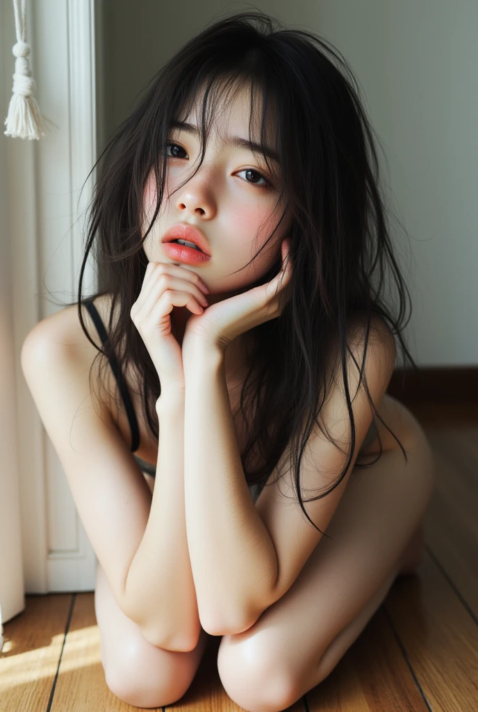 (Philippine_12_yo:1.5),, Long messy hair,sitting_on_edge,pussy,nude,flat_chest,