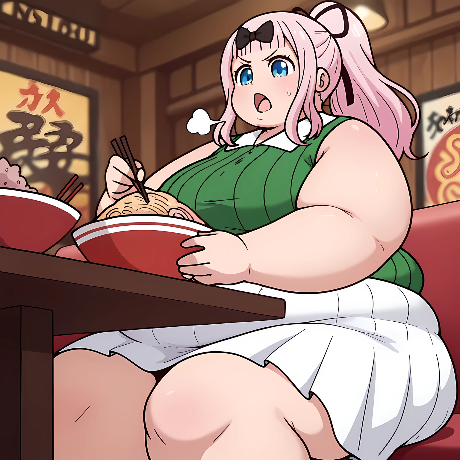 masterpiece, best quality, highres, detailed, realistic, young japanese woman, USSBBW, (morbidly obese:1.7), (detailed face, beautiful face, realistic face), pink hair, ponytail, high aesthetic, (gigantic belly:1.2), eating ramen, restauraunt, surrounded by concerned friends, nude