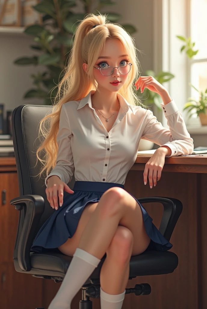 full body, slim waist, pink eyeliner, glasses, heavily made up, perfect hands, colossal breasts, long shapely legs, 1 girl, blonde hair with pigtails, sitting in an office chair, short sleeve blouse, short skirt plaid, tan strappy heels, effortless half up half down hairstyle, delicate layered necklace.