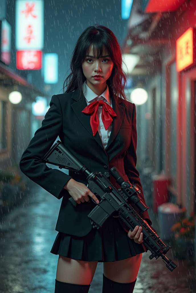 Masterpiece, Improved quality, High quality, Good anatomy, Healthy body, Whole fingers, Normal digits, 4k quality image, Girl, beautiful girl, perfect body, full body, perfect girl, back-length black hair, blue eyes, empty eyes, small breast, hat fedora, heavy rain, thunder strike, black shirt, black suits, black long jacket, black mini skirt, black tie, black shoes, she is holding a submachine gun, male and female human corpsese, pool of blood, blood splatter, there was someone behind her wearing the same clothes and they were holding a submachine gun, in a city alley.