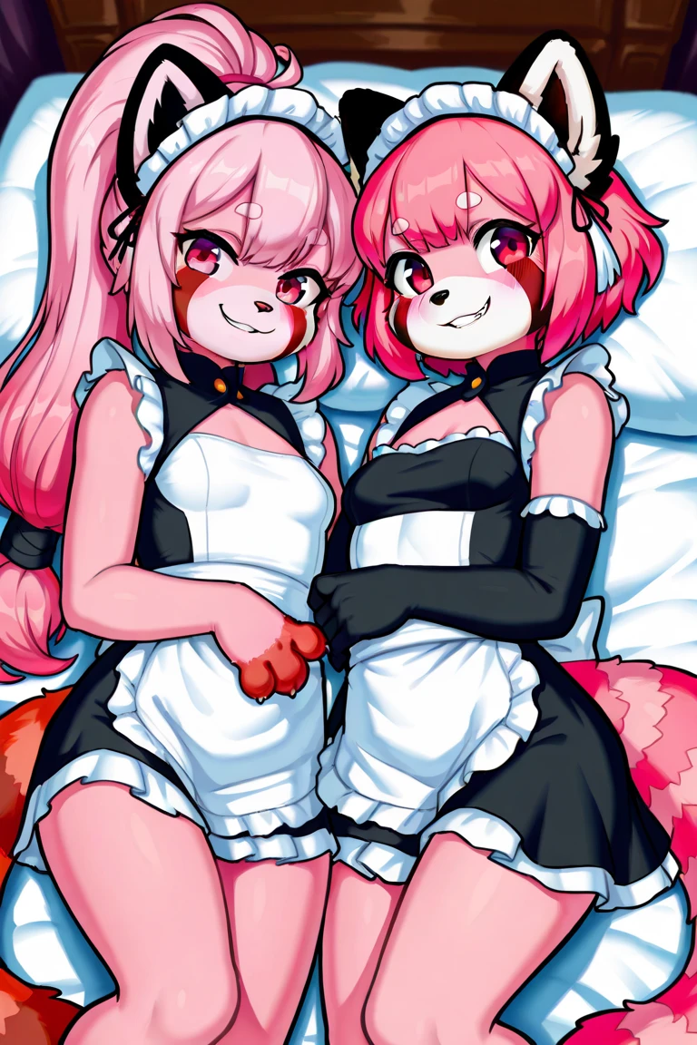 Earth pony, white mane,light blue cybernetic eyes, cybernetic body,black sclera ,black body color long mane ,pony smiling ,horny pink heart eyes maid outfit pussy sex with stallion,cum inside pussy impregnation