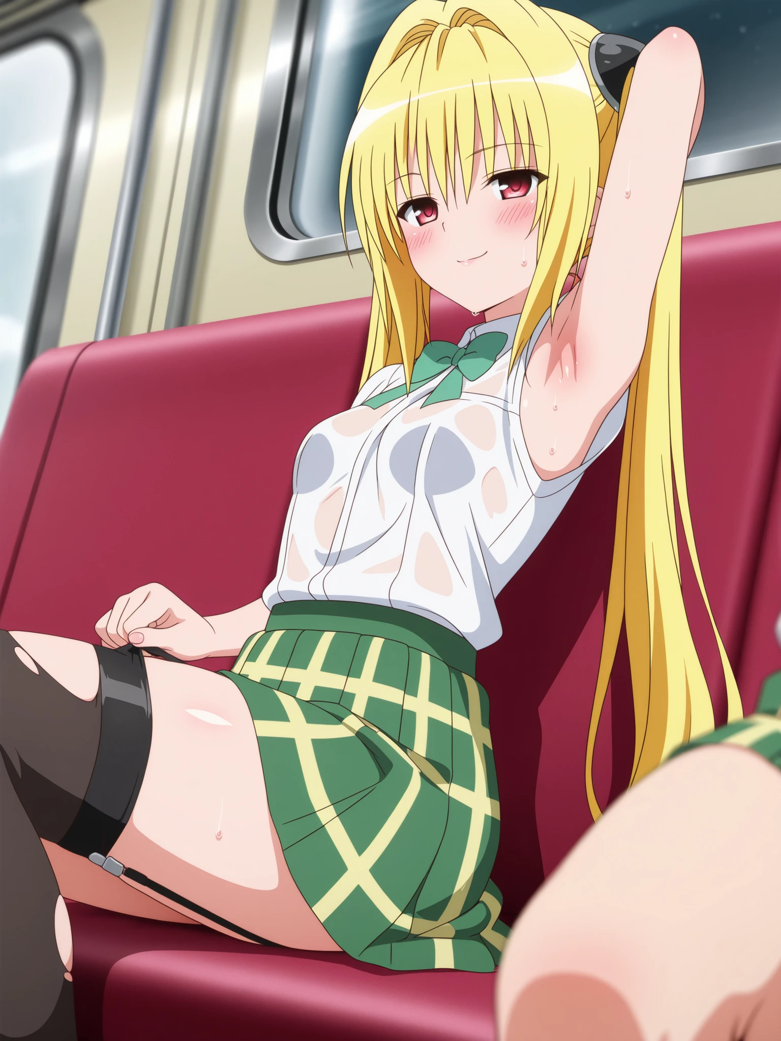 (ultra highdetail, 8k quality, best quality, extremely detailed illustration:1.4, vivid color illustration), (fate testarossa, small build:1.5,short stature:1.5, small breast, twintails, yellow hair, red eyes), (beautiful clothes:1.4), no bra, show off nipple, (breast open clothes:1.4), bottomless, beautiful nipple, show off pussy, (lace garter belts:1.3), embarrassed, Surprised face, moist skin, train, looking at viewer,