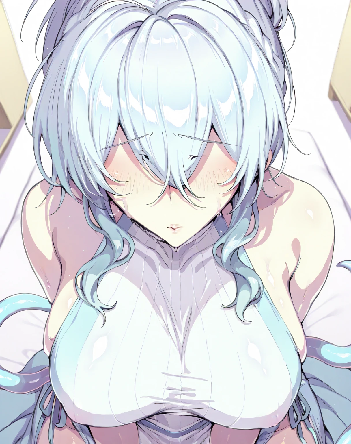 One girl, Nude, Ayanami Rei, pregnant, lie down, bed, open the thighs, alone, Red eyes, Blue Hair, Long Hair, View your viewers,Hair between the eyes, chest, bangs, Mouth closed, chromatic aberration, Big Tits, breast milk quality, slow,