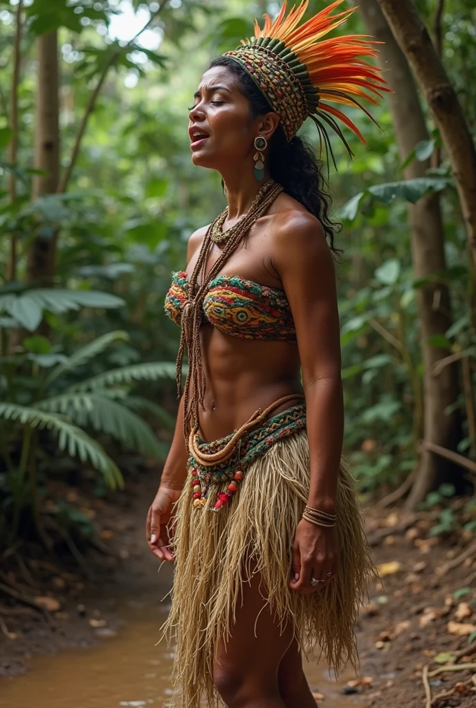Colombian indigenous woman, with gold headdress and tribal paint on the body. sexy, naked, delicious. full body. sensual. sacred lake background. hyper realism. 4k. Photography