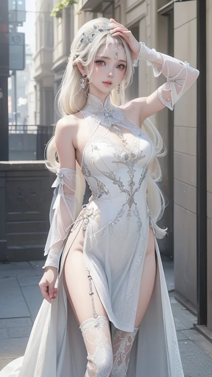 HDR (High Dynamic Range), Ray Tracing, NVIDIA, Perfect Picture Quality, Long Haired Woman, Slim Figure, Curves, Long Legs, Sexy, Delicate Facial Features, High Nose Bridge, Big Eyes, White Hair, Mature Woman, White Sweater Bandeau, Night Forest, Moonlight, Navel, Good Fingers, Perfect Eyes, Cinematic Light, Microopen Eyes, Pantyhose, White Long Dress, Sweet, Blue Hour, Dress