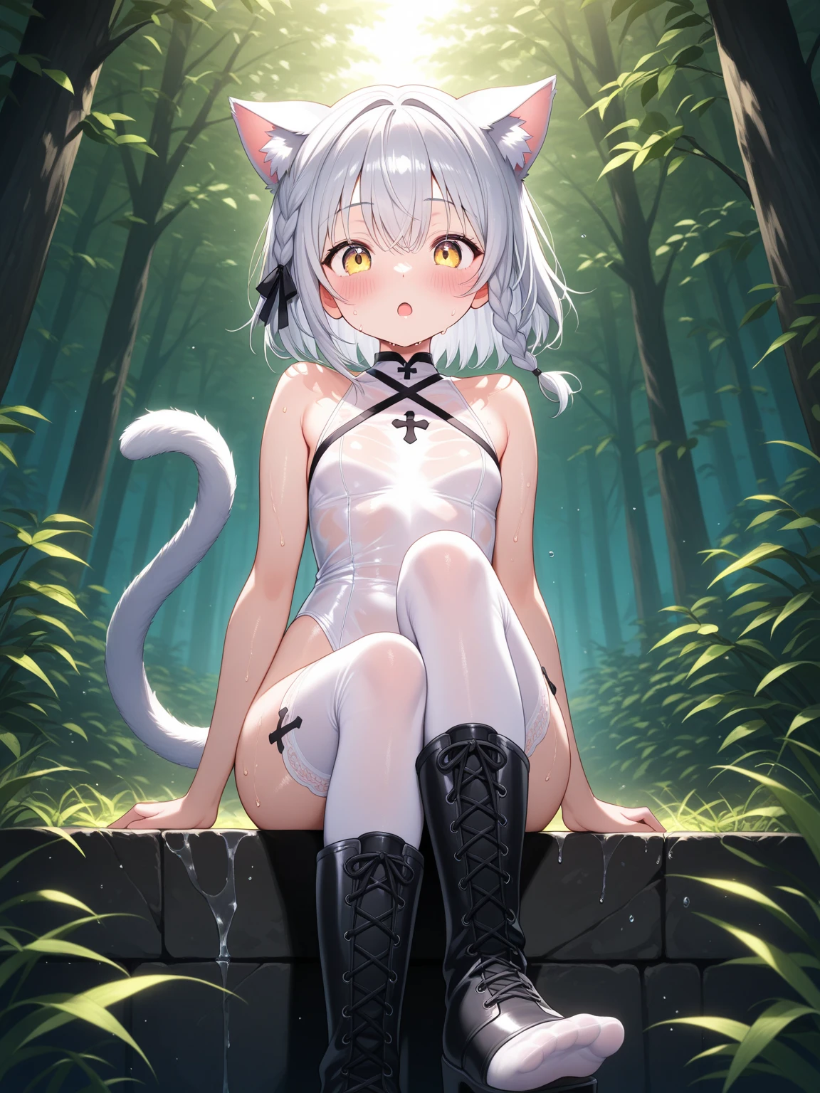 Koneko Toujou, anime character, ((High School DXD)) (white hair, short hair), (yellow eyes, feline eyes), short stature, innocent look, curvy body, very young, almost no breasts, beautiful hips, thick thighs, pink bikini, yellow eyes, full body, standing, emphasis on ass, small curvy loli, just on her back, (looking over her shoulder), solo, 1girl, clear image: 1, (correct anatomy: 1.2), (best quality: 1.2), best lighting, (best shadow: 1.1), highres, (ray tracing: 1), reflected light, (high detail clothing: 1.3) ), ((illustration: 1.1)), (((best quality))), ((beautiful detailed eyes)), ((ultra-detailed: 1)), colorful, wallpaper, (perfect art: 1) , (beautiful face: 1), pure face, focus on the character, (detailed hands, five fingers),