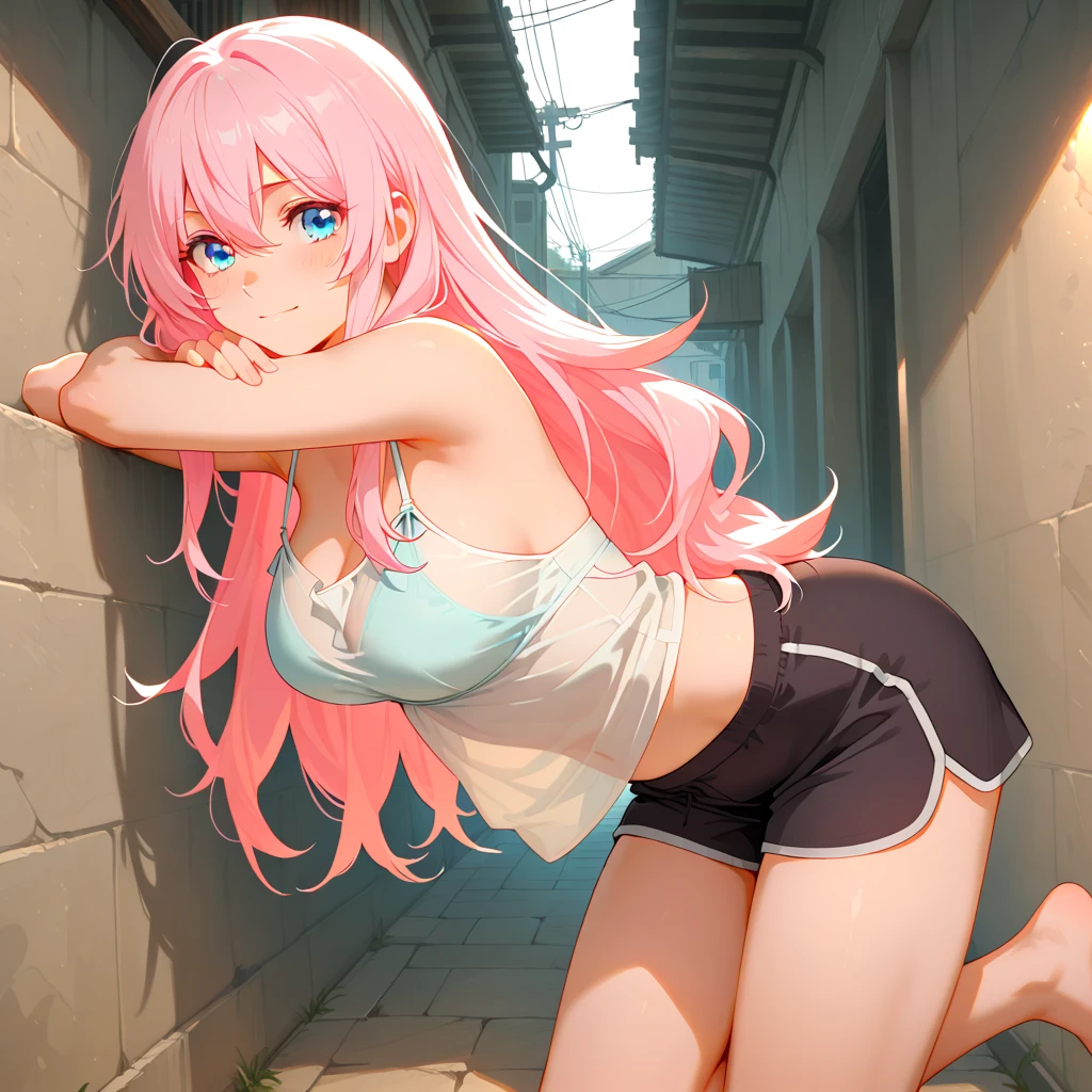 girl，Young，（masterpiece，Highest quality），Street，(Completely naked)，Bare shoulders、Gal、Pink Hair、smile、passionate、long hair、(Underboob)，Big Breasts，Cleavage，Mini tube top、looking at the camera、shoeicro Mini Denim Shorts(Open button)，solo、Are standing、barefoot，