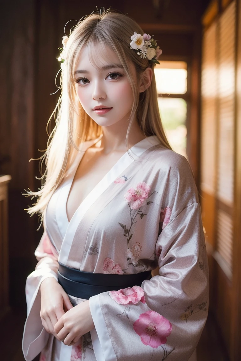 a close up of a woman in a pink robe posing for a picture, a pastel by Liu Haisu, flickr, art nouveau, sleepwear, wearing pink floral gown, silk robes, wearing a luxurious silk robe, wearing pink floral chiton, wearing a nightgown, wearing a long flowing robe, wearing fuchsia silk robe, nightgown, in a silk robe