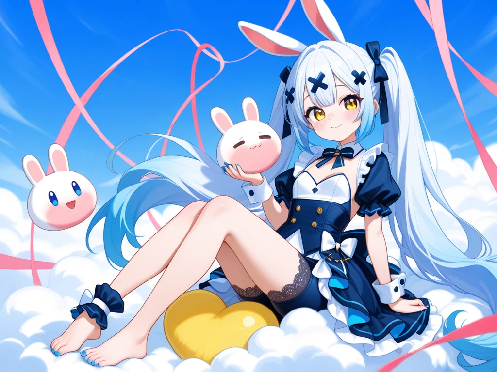 Cheerful bunny girl, see-through attire, white bunny, caring smile, reverse bunny, holding a huge stuffedtoy